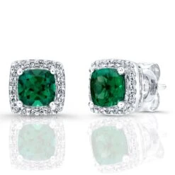 Created Emerald And Diamond Square Halo Earrings In 14k White Gold