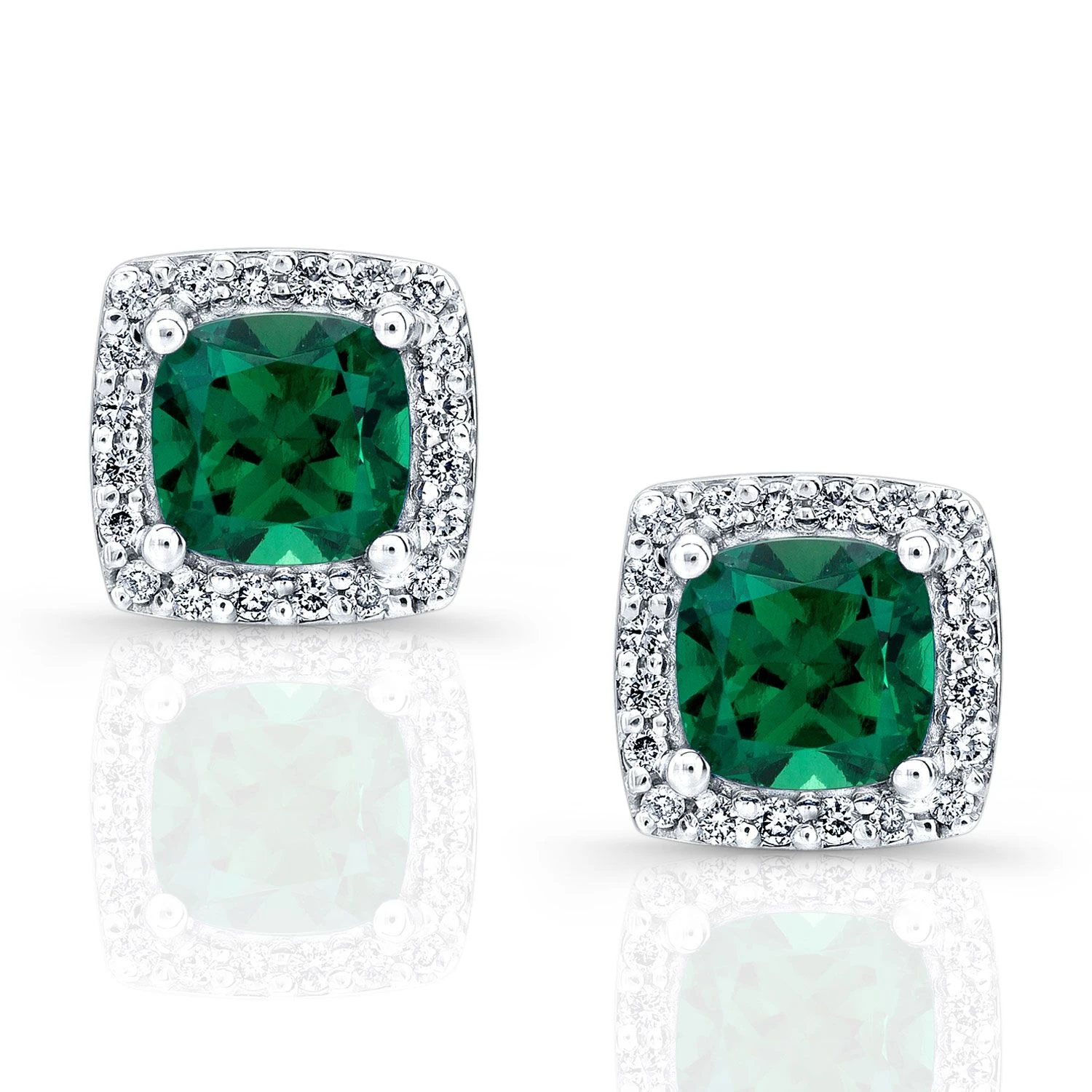 Created Emerald And Diamond Square Halo Earrings In 14k White Gold 4 Created Emerald And Diamond Square Halo Earrings In 14k White Gold - Image 2