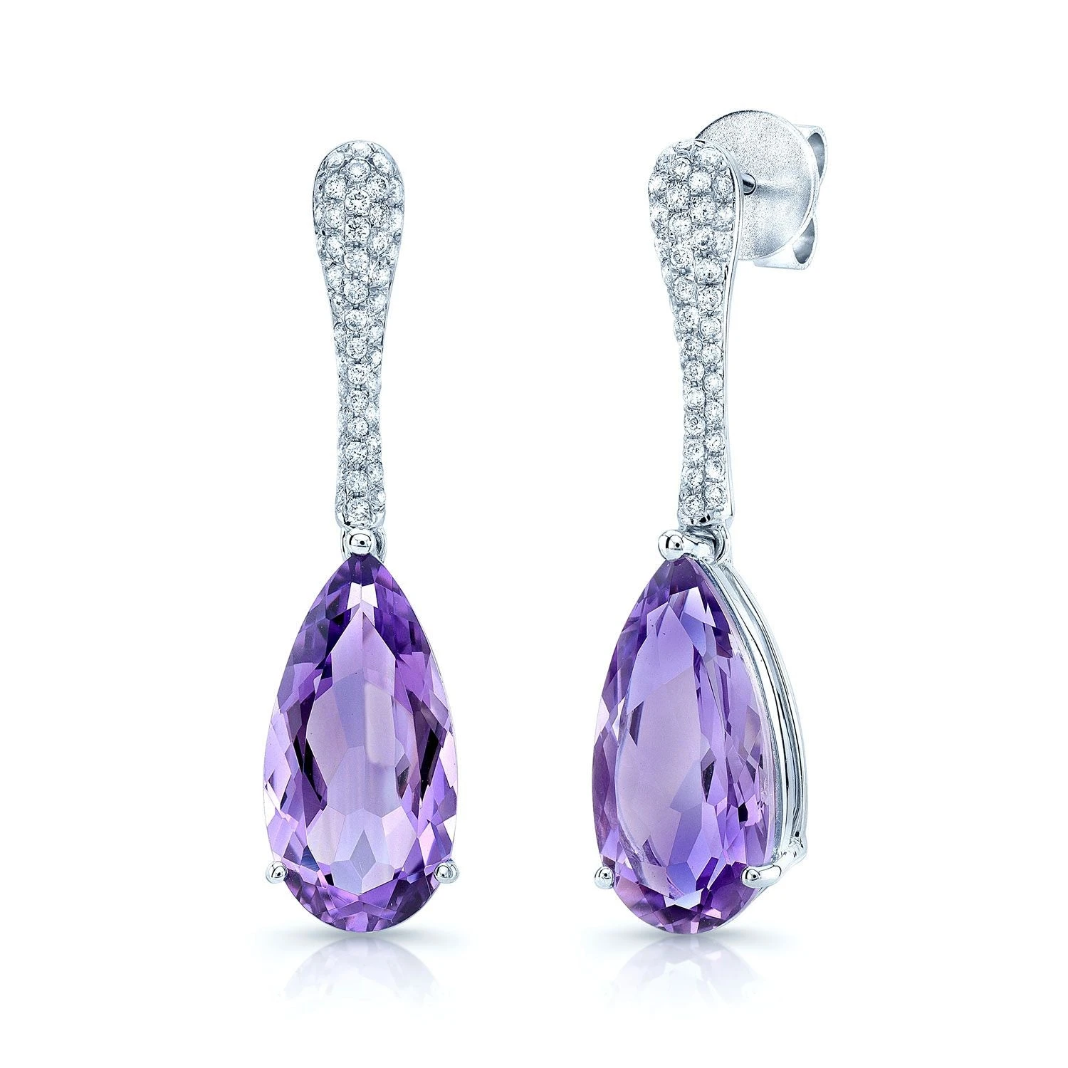 Amethyst And Diamond Pear Drop Earrings In 14k White Gold (16x8mm) 3 Amethyst And Diamond Pear Drop Earrings In 14k White Gold (16x8mm)