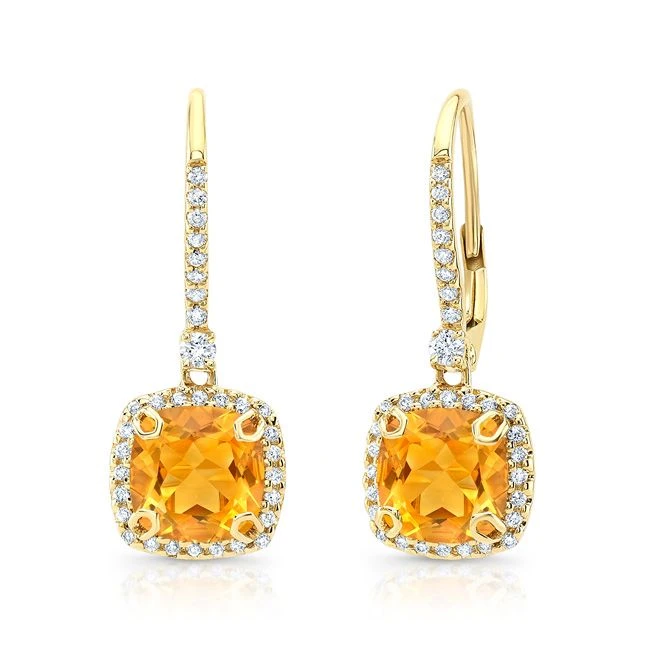 Citrine And Diamond Halo Cushion Dangle Earrings In 14k Yellow Gold (7mm) 3 Citrine And Diamond Halo Cushion Dangle Earrings In 14k Yellow Gold (7mm)