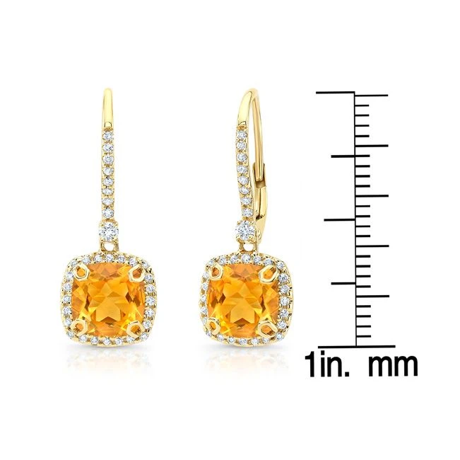 Citrine And Diamond Halo Cushion Dangle Earrings In 14k Yellow Gold (7mm) 4 Citrine And Diamond Halo Cushion Dangle Earrings In 14k Yellow Gold (7mm) - Image 2