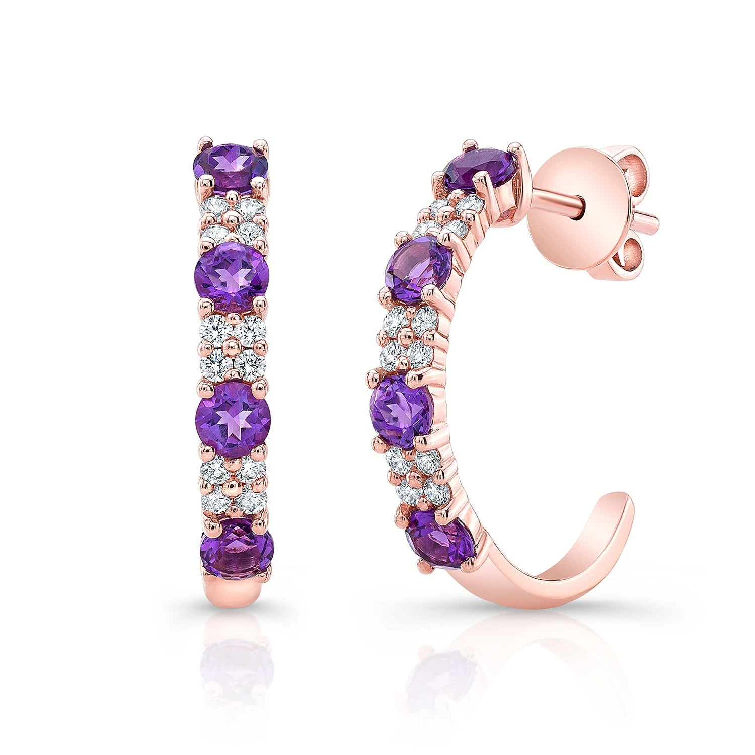 Amethyst And Diamond Alternating Prong-set 2-row Half Hoop Earring In 14k Rose Gold 3 Amethyst And Diamond Alternating Prong-set 2-row Half Hoop Earring In 14k Rose Gold