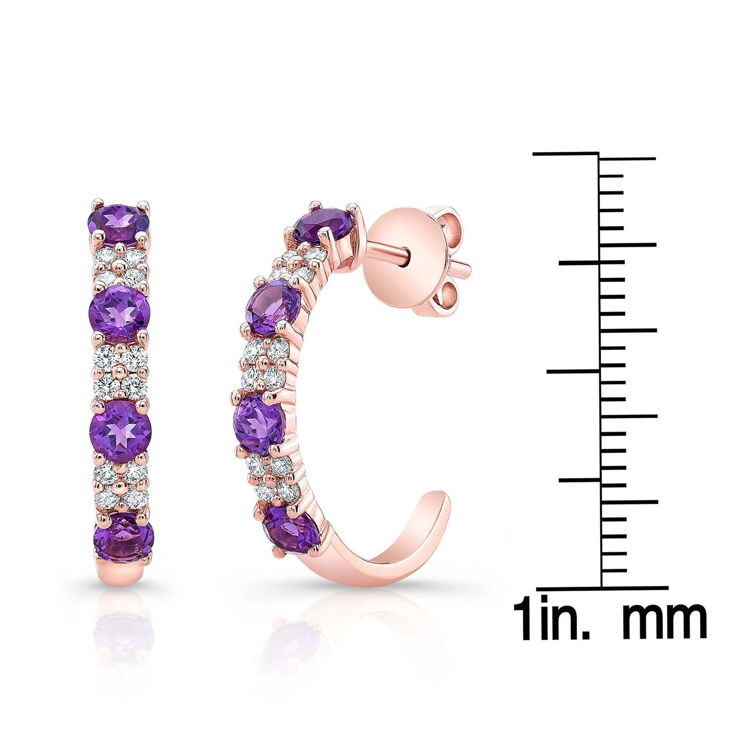 Amethyst And Diamond Alternating Prong-set 2-row Half Hoop Earring In 14k Rose Gold 4 Amethyst And Diamond Alternating Prong-set 2-row Half Hoop Earring In 14k Rose Gold - Image 2