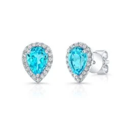 Blue Topaz And Diamond Halo Teardrop Earrings In 14k White Gold 0.18ctw