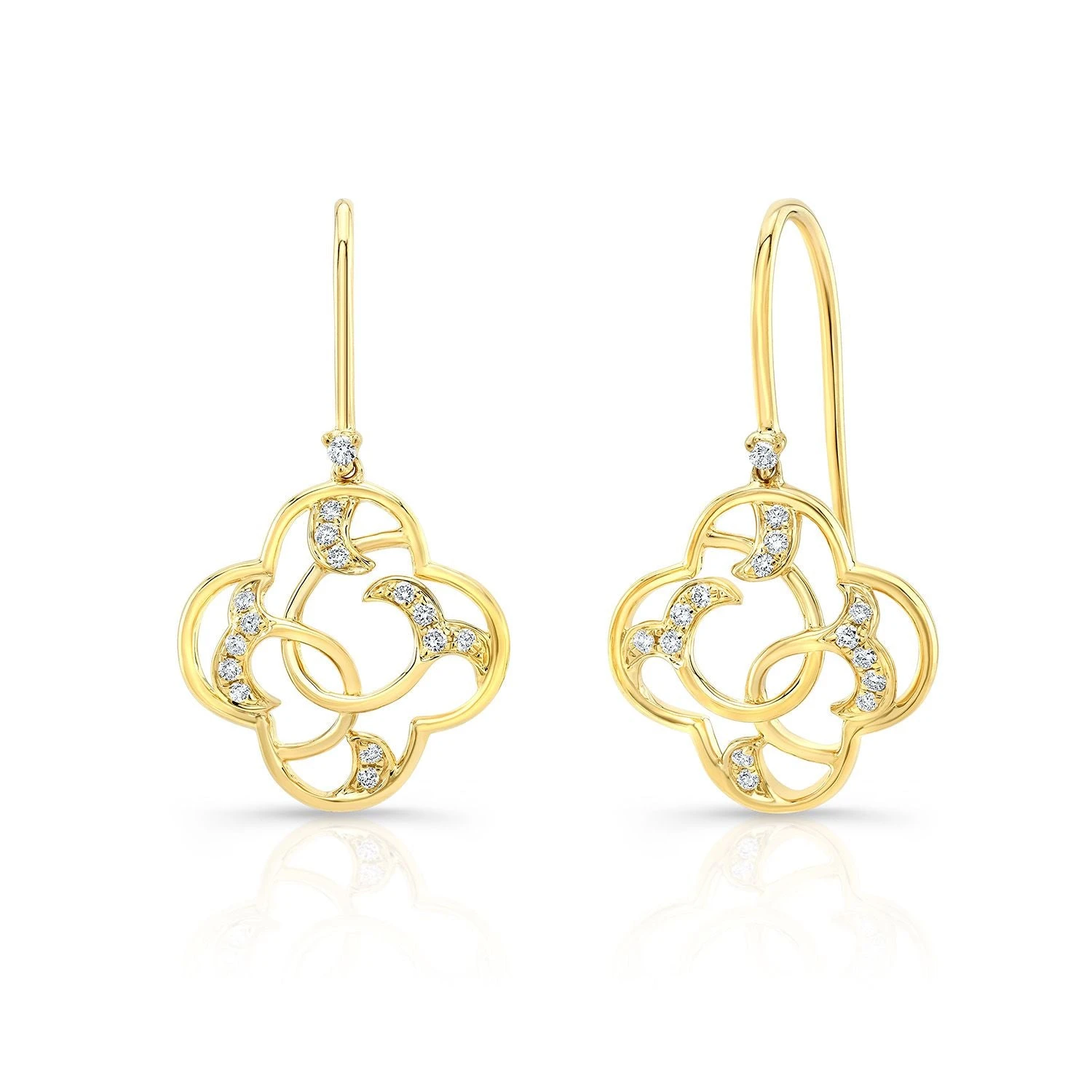 Diamond Open Clover Dangle Earrings With Twine Design And French Wire Backs In 14k Yellow Gold 3 Diamond Open Clover Dangle Earrings With Twine Design And French Wire Backs In 14k Yellow Gold
