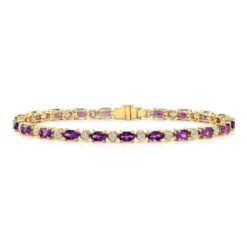 Amethyst And Diamond Oval Bracelet With Round Bezel Links In 14k Yellow Gold (5x3mm)