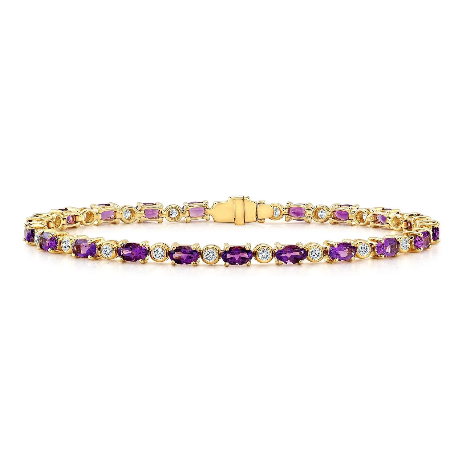 Amethyst And Diamond Oval Bracelet With Round Bezel Links In 14k Yellow Gold (5x3mm) 3 Amethyst And Diamond Oval Bracelet With Round Bezel Links In 14k Yellow Gold (5x3mm)