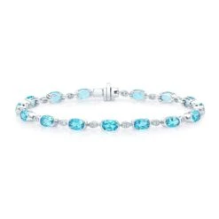 Blue Topaz Oval Half-bezel And Diamond Pave East-west Bracelet In 14k White Gold (6x4mm)