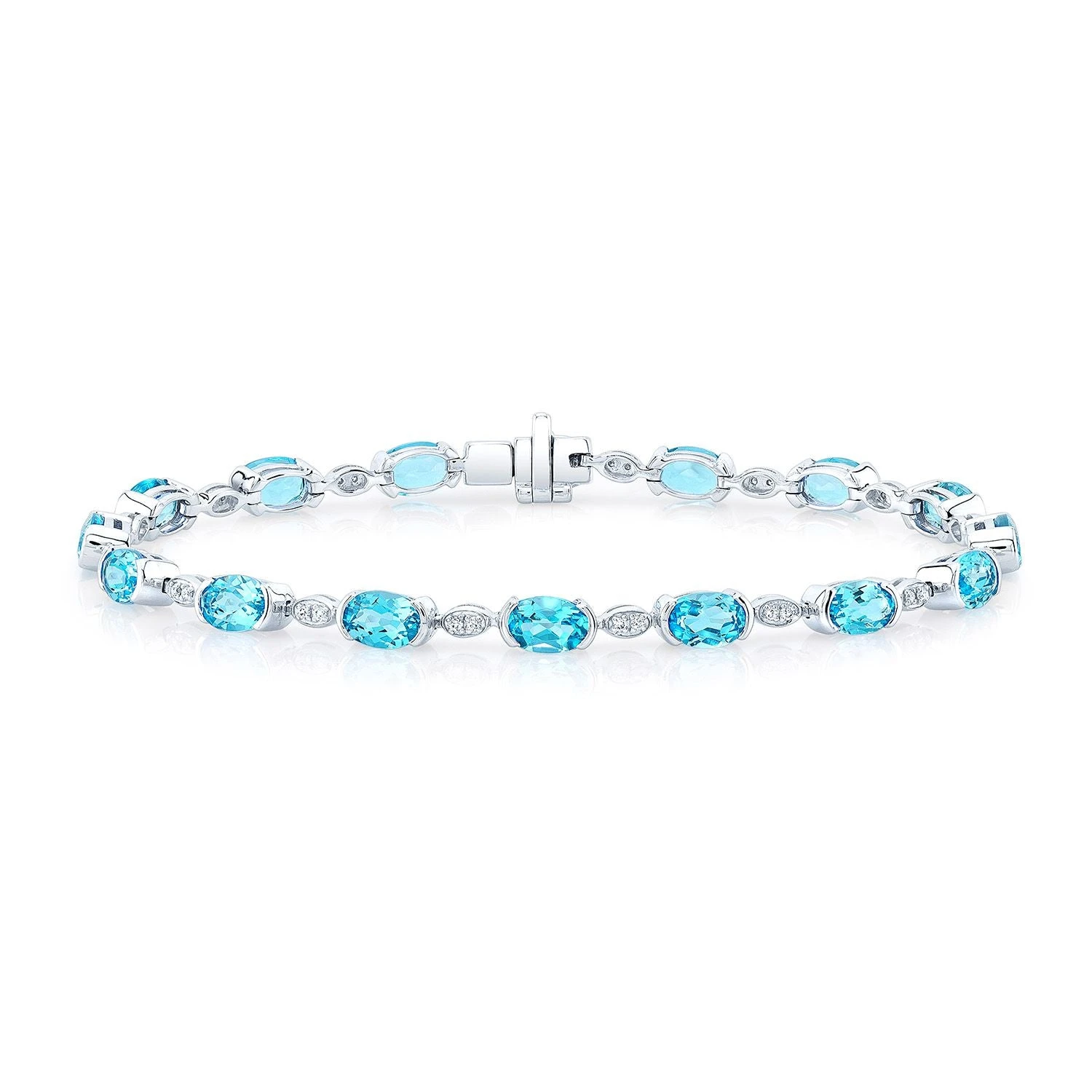 Blue Topaz Oval Half-bezel And Diamond Pave East-west Bracelet In 14k White Gold (6x4mm) 3 Blue Topaz Oval Half-bezel And Diamond Pave East-west Bracelet In 14k White Gold (6x4mm)