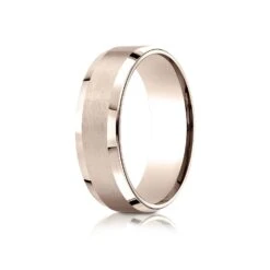 14k Rose Gold 7mm Comfort-fit Satin-finished With High Polished Beveled Edge Carved Design Band