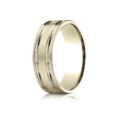 14k Yellow Gold 7mm Comfort-fit Satin-finished With Parallel Grooves Carved Design Band