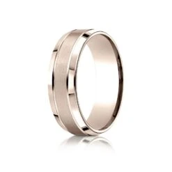 14k Rose Gold 7mm Comfort-fit Satin-finished High Polished Beveled Edge Carved Design Band
