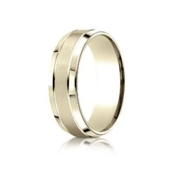 14k Yellow Gold 7mm Comfort-fit Satin-finished High Polished Beveled Edge Carved Design Band