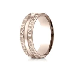 14k Rose Gold 7.5mm Comfort Fit Hammered Finish Center Cut Design Band