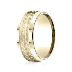 14k Yellow Gold 8mm Comfort Fit Beveled Edge Treaded Design Band