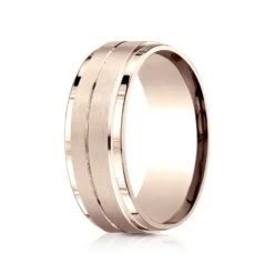 14k Rose Gold 8mm Comfort Fit Drop Bevel Satin Finish Center Design Band