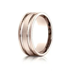 14k Rose Gold 8mm Comfort-fit Satin-finished With Parallel Grooves Carved Design Band