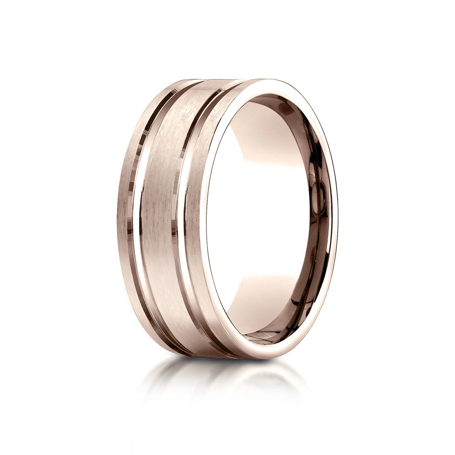 14k Rose Gold 8mm Comfort-fit Satin-finished With Parallel Grooves Carved Design Band 3 14k Rose Gold 8mm Comfort-fit Satin-finished With Parallel Grooves Carved Design Band