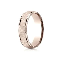 14k Rose Gold Comfort Fit 6mm High Polish Edge Hammered Center Design Band