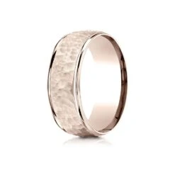 14k Rose Gold Comfort Fit 8mm High Polish Edge Hammered Center Design Band