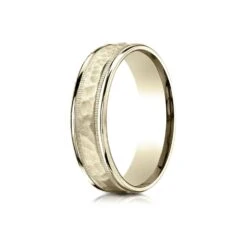 14 Karat Yellow Gold 6mm Comfort-fit Hammered Center High Polish Round Edge Carved Design Band