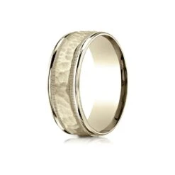 14 Karat Yellow Gold 8mm Comfort-fit Hammered Center High Polish Round Edge Carved Design Band