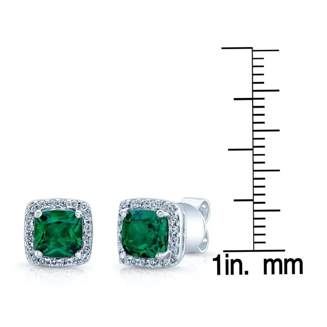 Created Emerald And Diamond Square Halo Earrings In 14k White Gold 5 Created Emerald And Diamond Square Halo Earrings In 14k White Gold - Image 3