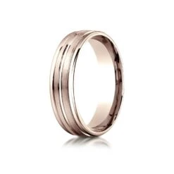 14k Rose Gold 6mm Comfort-fit Satin-finished High Polished Center Trim And Round Edge Carved Design Band