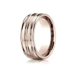 14k Rose Gold 8mm Comfort-fit Satin-finished High Polished Center Trim And Round Edge Carved Design Band