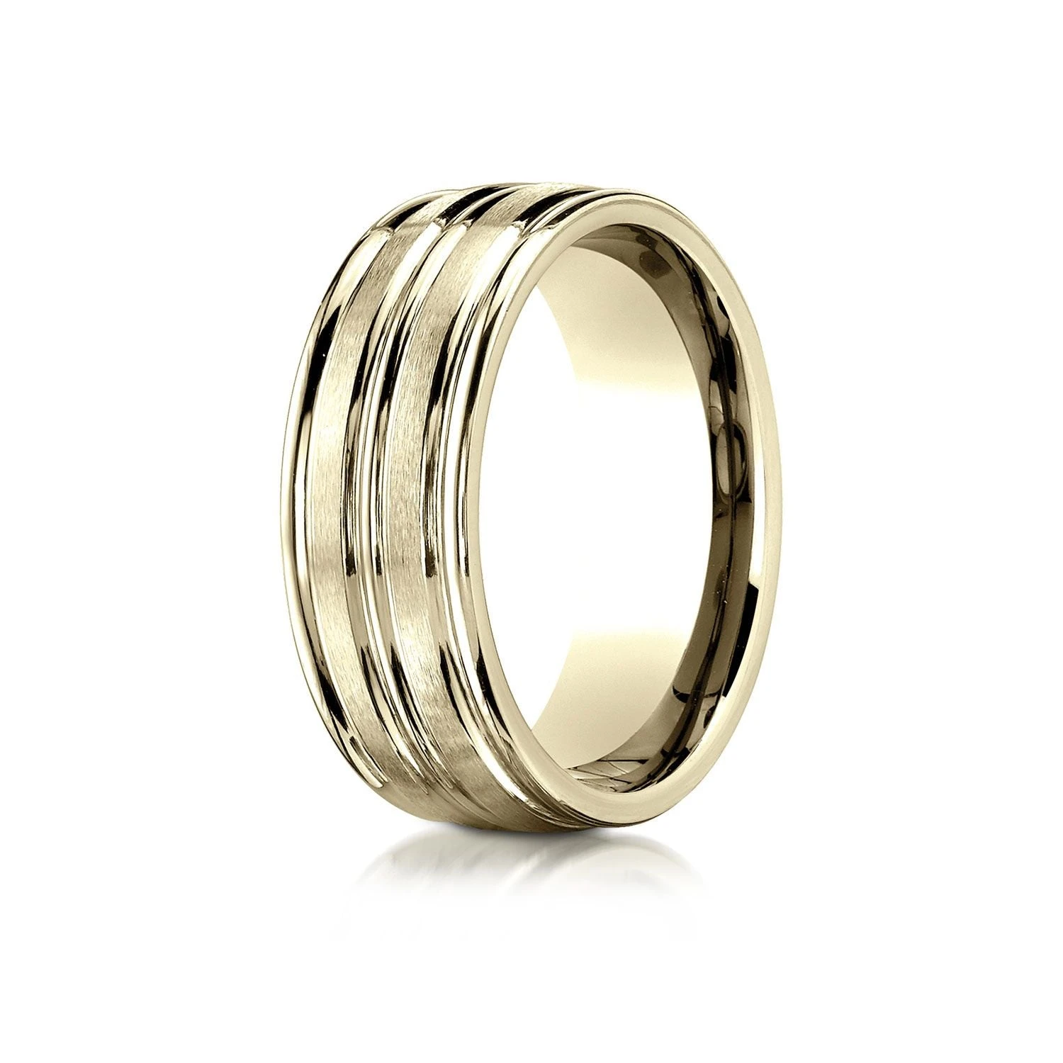 14k Yellow Gold 8mm Comfort-fit Satin-finished High Polished Center Trim And Round Edge Carved Design Band 3 14k Yellow Gold 8mm Comfort-fit Satin-finished High Polished Center Trim And Round Edge Carved Design Band
