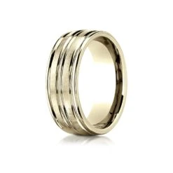 18k Yellow Gold 8mm Comfort-fit Satin-finished High Polished Center Trim And Round Edge Carved Design Band