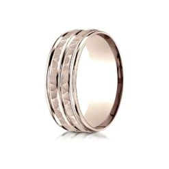 14k Rose Gold 8mm Comfort-fit Hammer-finished High Polished Center Trim And Round Edge Carved Design Band